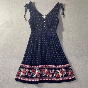 Aeropostale Sundress Women Small Navy Floral Boho Smocked Tie Shoulder EUC
